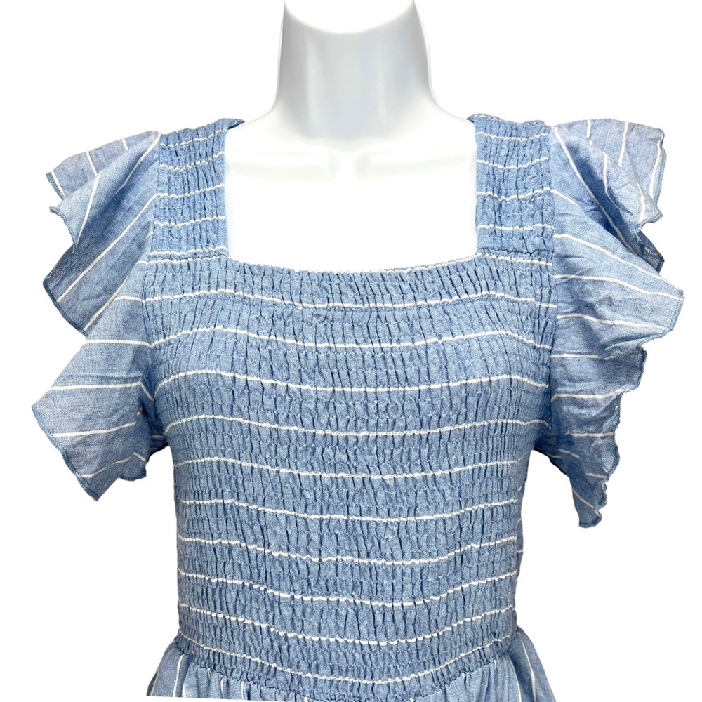 Simplee Linen Striped Smock Midi Dress‎ w/ Ruffled Cap Sleeve & 2 Pockets - Picture 3 of 9